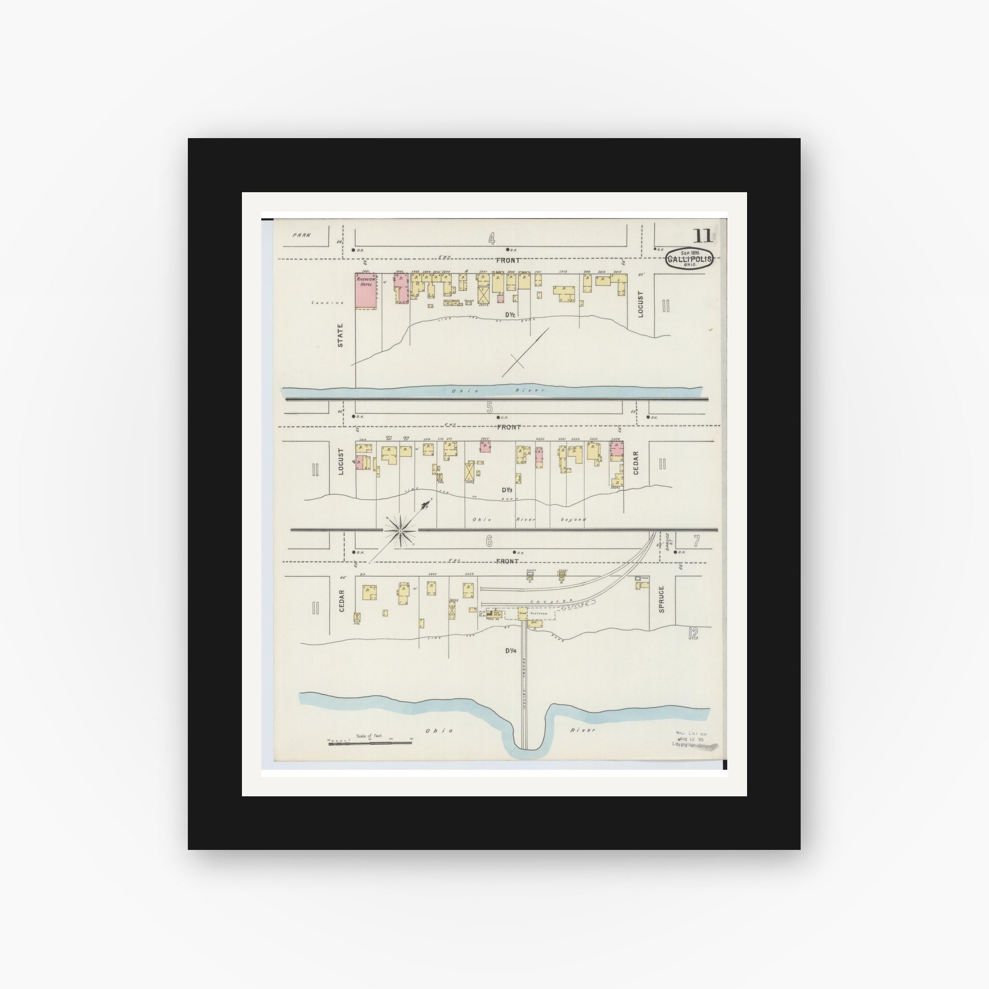 Old map wall art mockup — black gallery frame with white mat — Sanborn Fire Insurance Map from Gallipolis, Gallia County, Ohio (1895), Sheet #0011