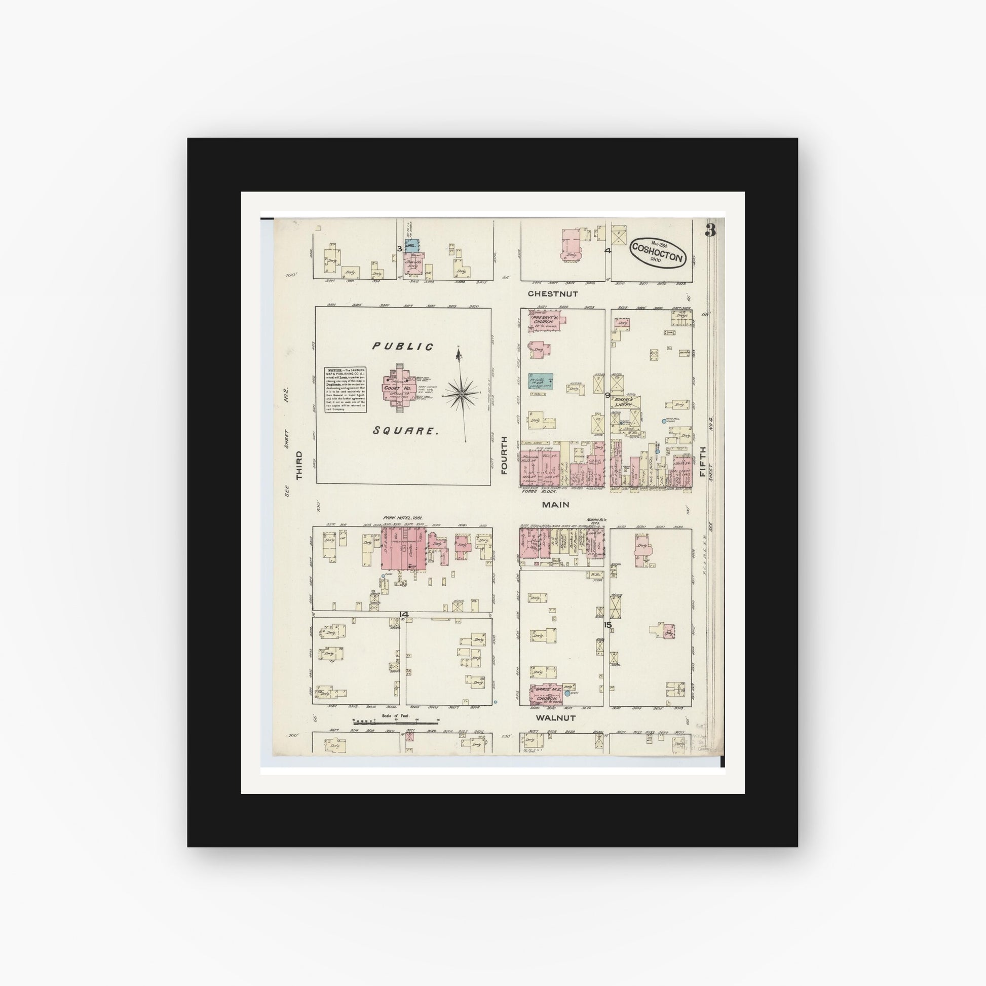 Old map wall art mockup — black gallery frame with white mat — Sanborn Fire Insurance Map from Coshocton, Coshocton County, Ohio (1884), Sheet #0003