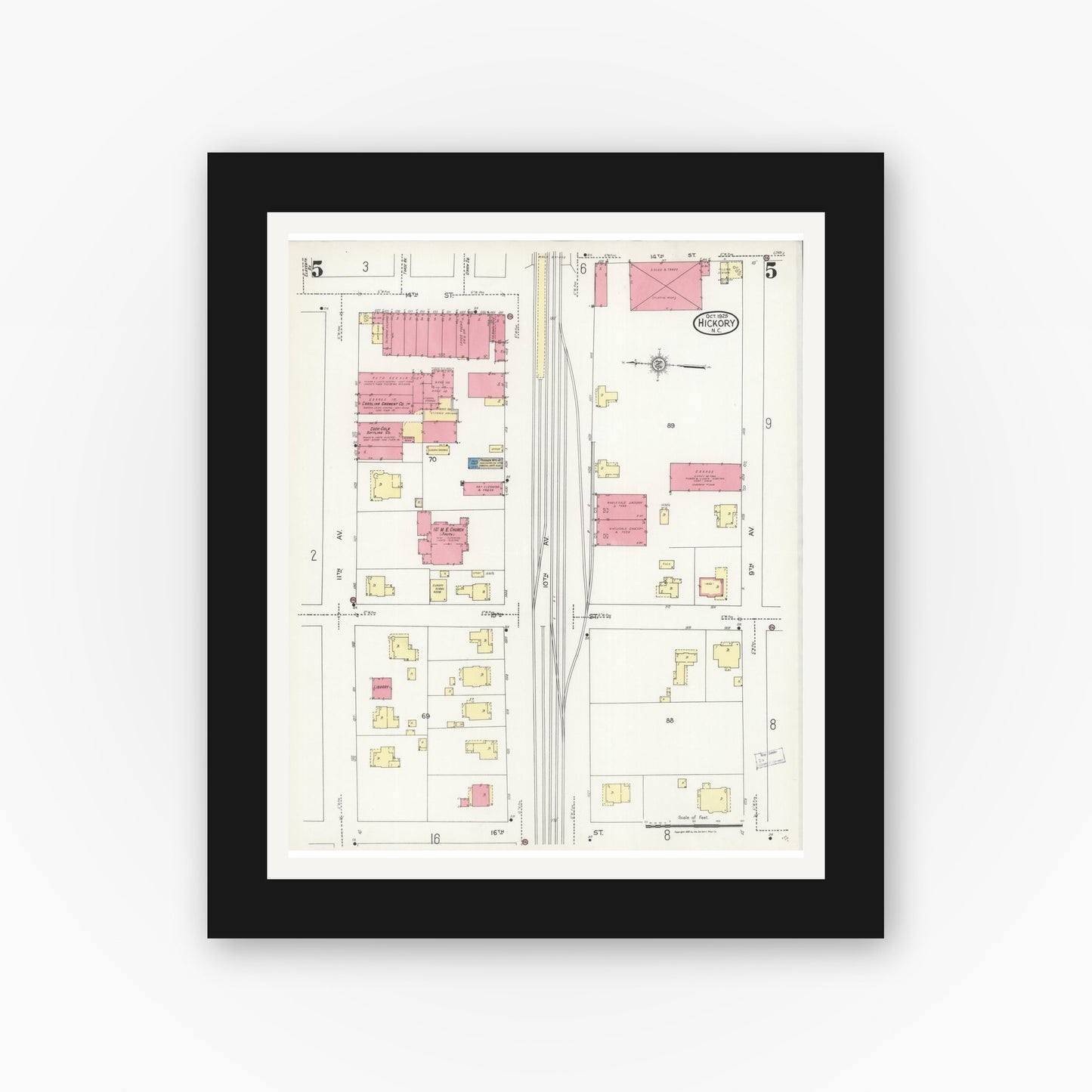 Old map wall art mockup — black gallery frame with white mat — Sanborn Fire Insurance Map from Hickory, Catawba County, North Carolina (1925), Sheet #0005