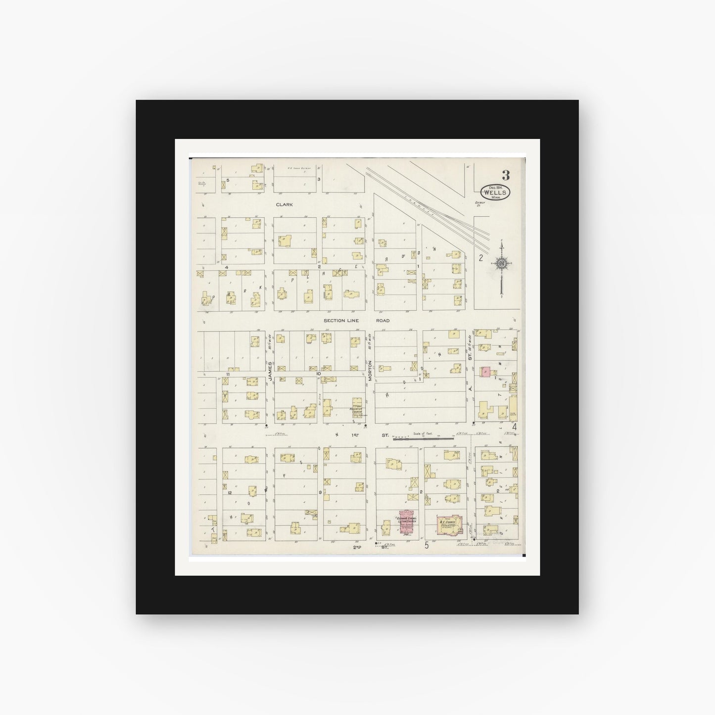 Old map wall art mockup — black gallery frame with white mat — Sanborn Fire Insurance Map from Wells, Faribault County, Minnesota (1914), Sheet #0003