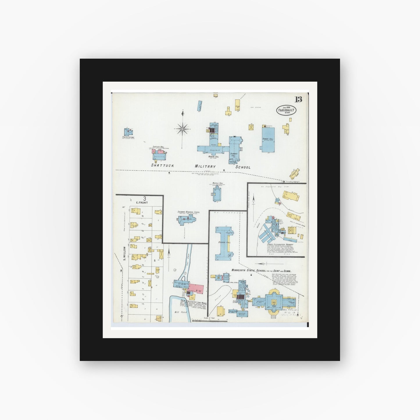 Old map wall art mockup — black gallery frame with white mat — Sanborn Fire Insurance Map from Faribault, Rice County, Minnesota (1899), Sheet #0013