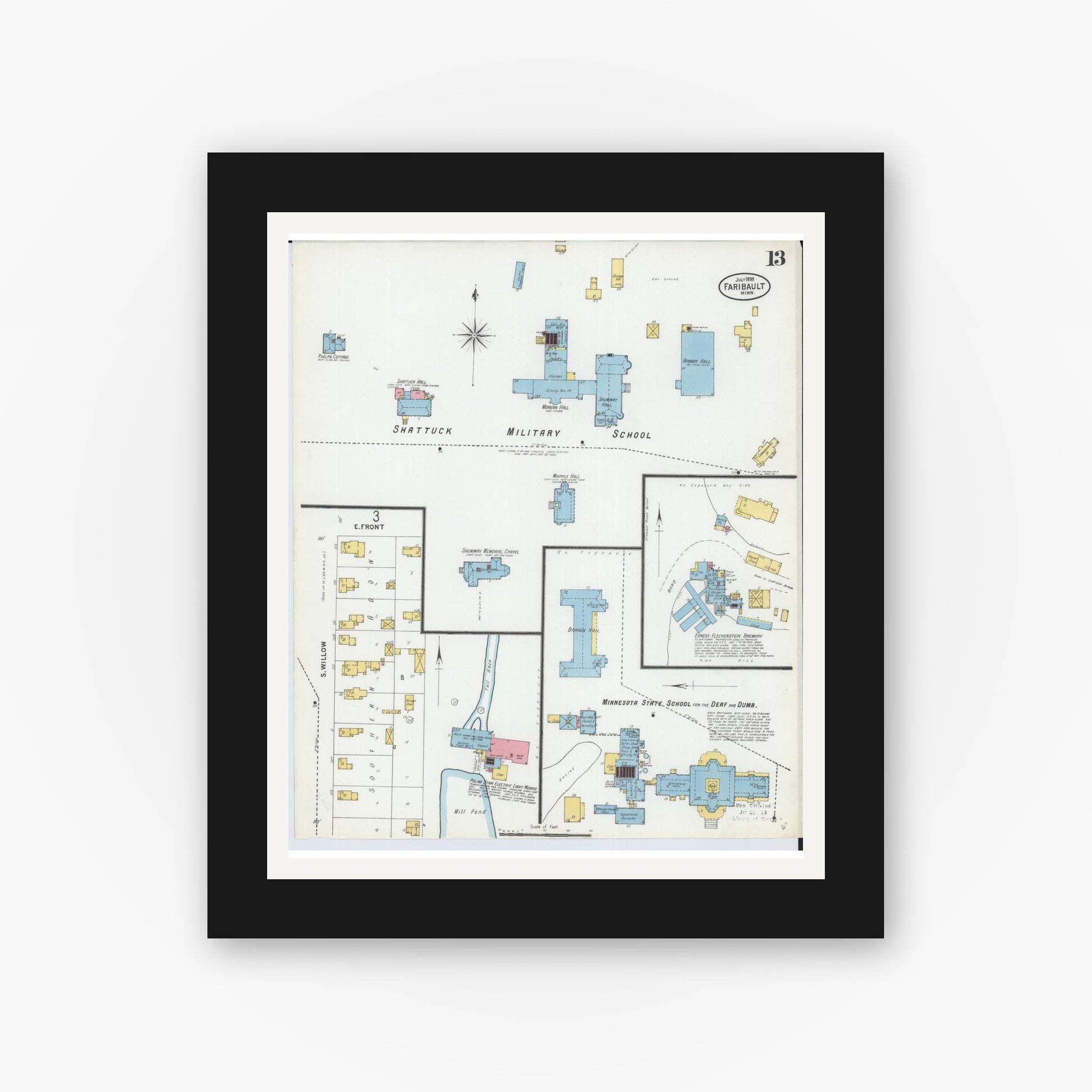 Old map wall art mockup — black gallery frame with white mat — Sanborn Fire Insurance Map from Faribault, Rice County, Minnesota (1899), Sheet #0013