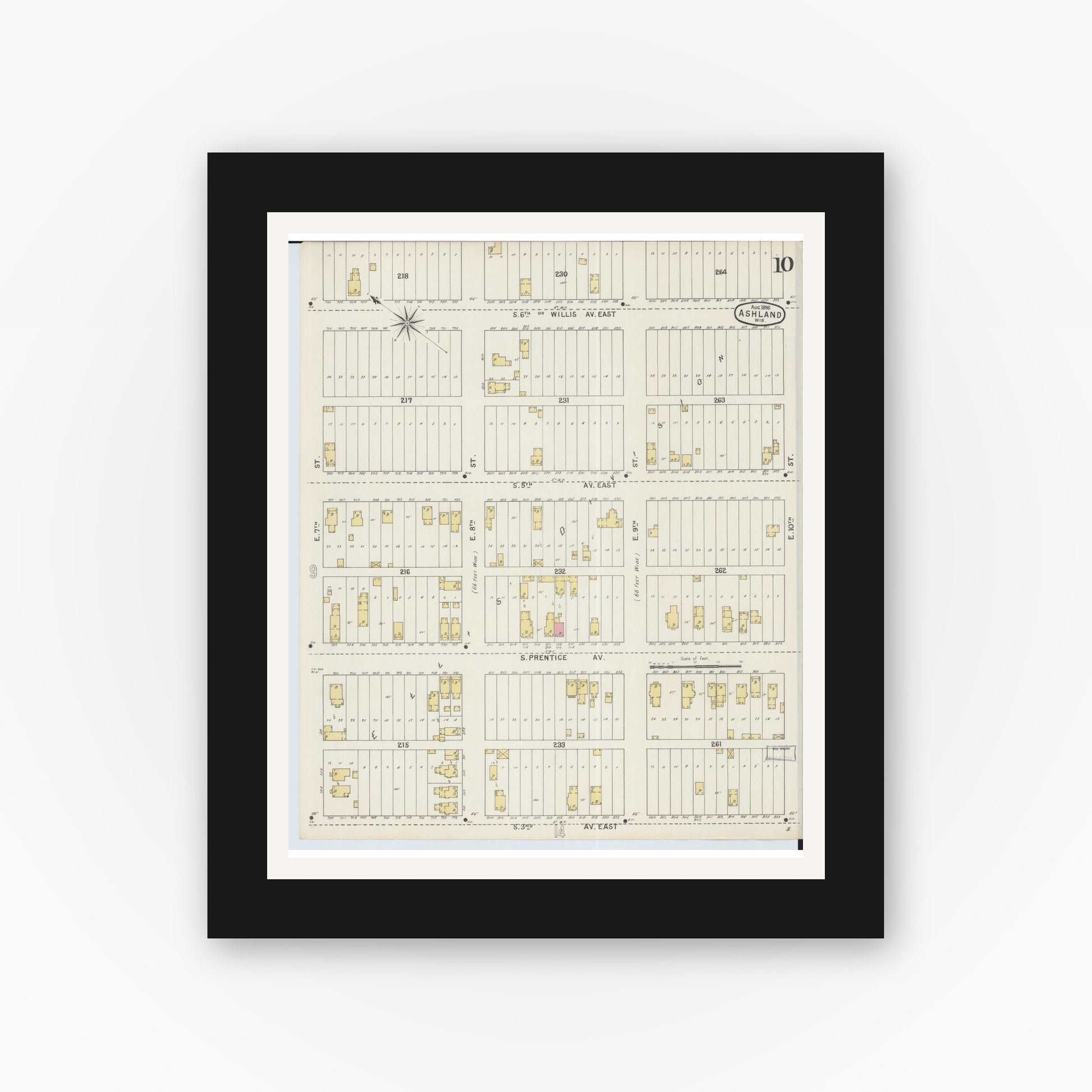 Old map wall art mockup — black gallery frame with white mat — Sanborn Fire Insurance Map from Ashland, Ashland County, Wisconsin (1895), Sheet #0010