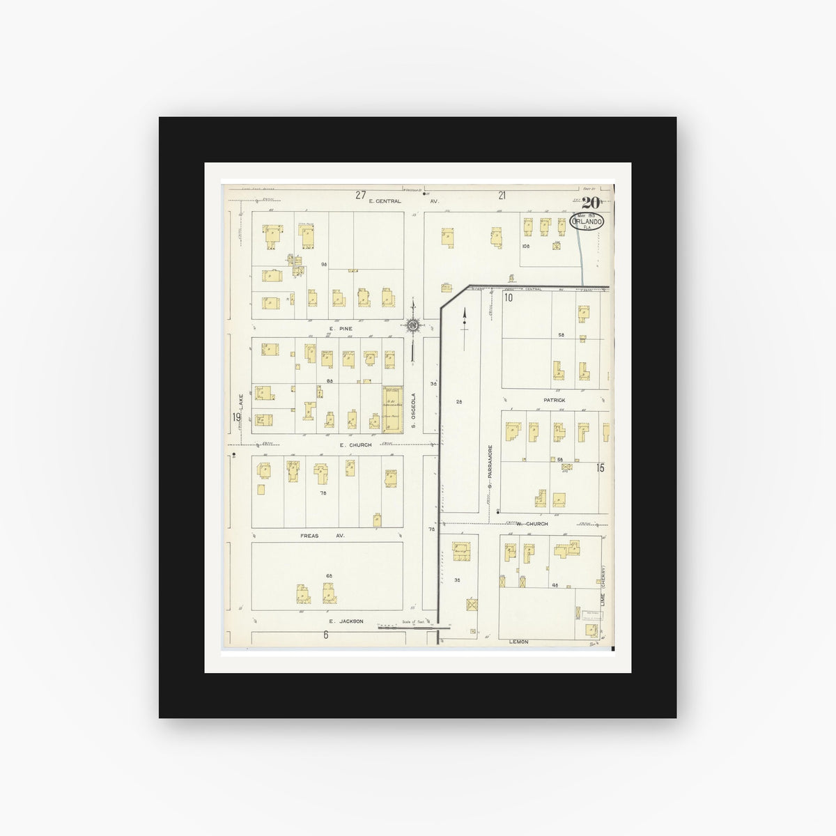 Old map wall art mockup — black gallery frame with white mat — Sanborn Fire Insurance Map from Orlando, Orange County, Florida (1913), Sheet #0020