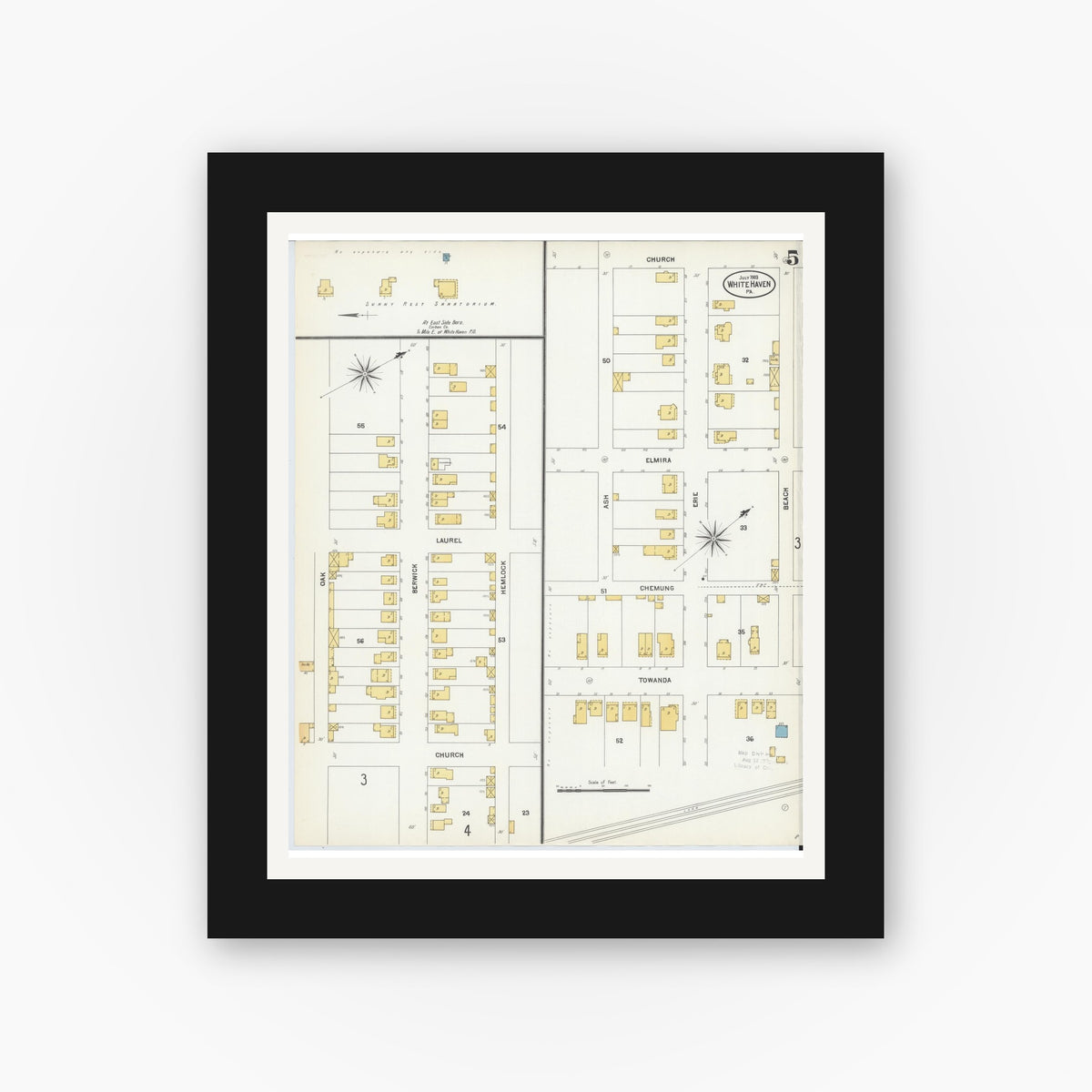 Old map wall art mockup — black gallery frame with white mat — Sanborn Fire Insurance Map from White Haven, Luzerne County, Pennsylvania (1903), Sheet #0005