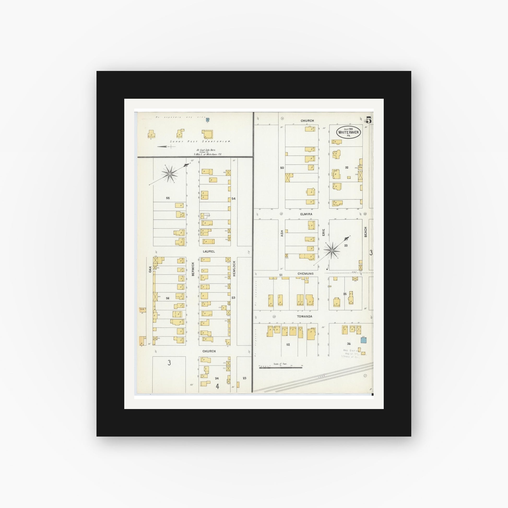 Old map wall art mockup — black gallery frame with white mat — Sanborn Fire Insurance Map from White Haven, Luzerne County, Pennsylvania (1903), Sheet #0005