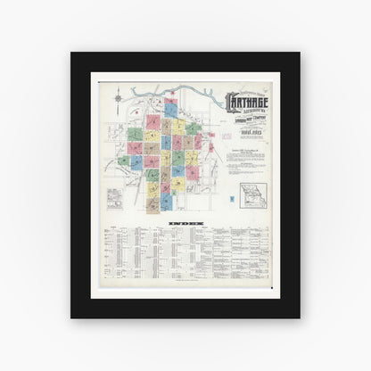 Old map wall art mockup — black gallery frame with white mat — Sanborn Fire Insurance Map from Carthage, Jasper County, Missouri (1915) - Complete Map Set