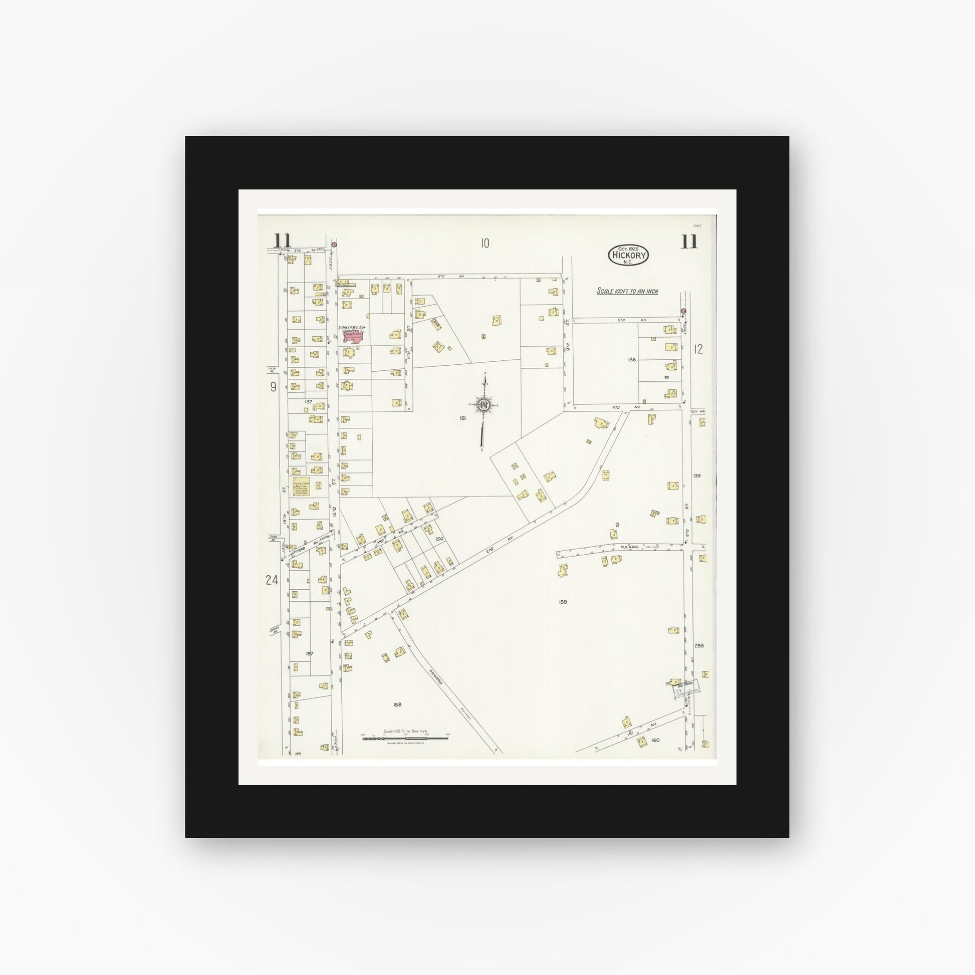Old map wall art mockup — black gallery frame with white mat — Sanborn Fire Insurance Map from Hickory, Catawba County, North Carolina (1925), Sheet #0011
