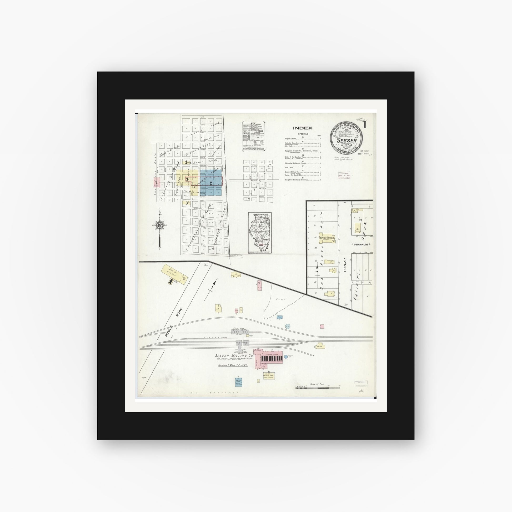 Old map wall art mockup — black gallery frame with white mat — Sanborn Fire Insurance Map from Sesser, Franklin County, Illinois (1914) - Complete Map Set