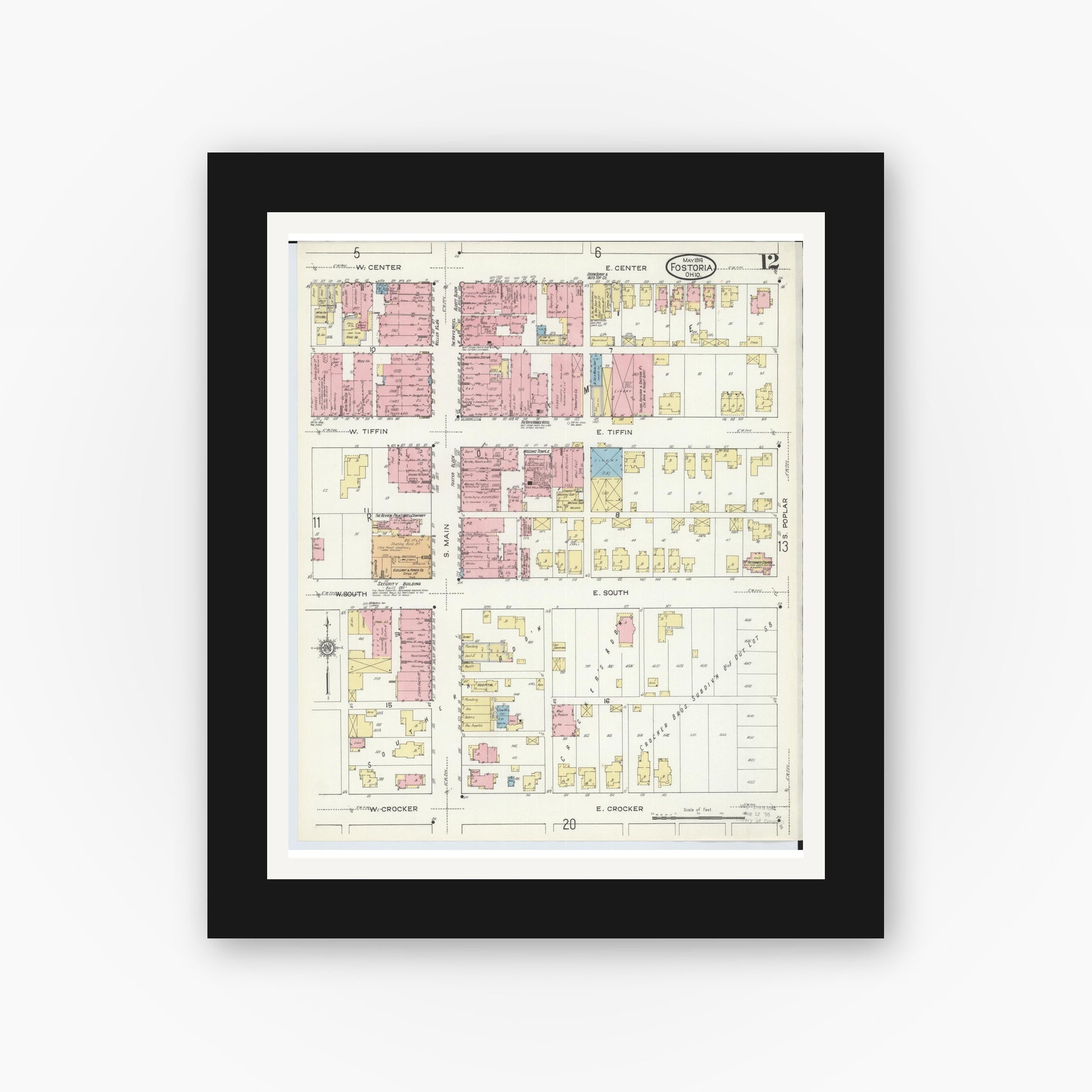 Old map wall art mockup — black gallery frame with white mat — Sanborn Fire Insurance Map from Fostoria, Seneca, Hancock, And Wood Counties, Ohio (1914), Sheet #0012
