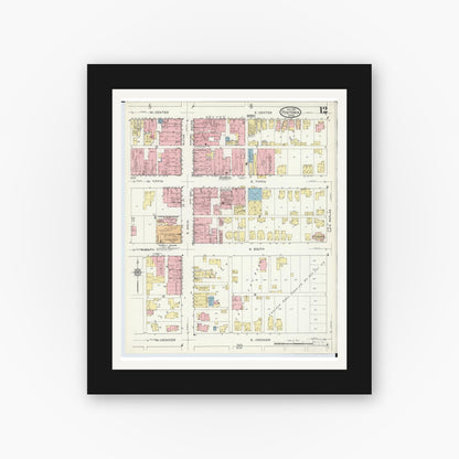 Old map wall art mockup — black gallery frame with white mat — Sanborn Fire Insurance Map from Fostoria, Seneca, Hancock, And Wood Counties, Ohio (1914), Sheet #0012