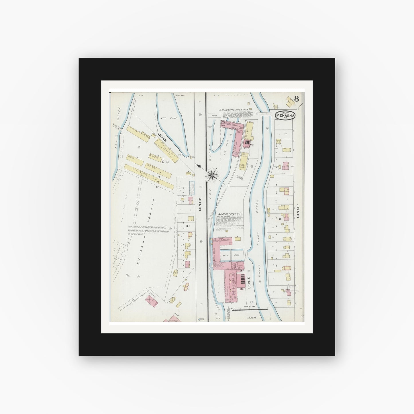 Old map wall art mockup — black gallery frame with white mat — Sanborn Fire Insurance Map from Menasha, Winnebago County, Wisconsin (1891), Sheet #0008