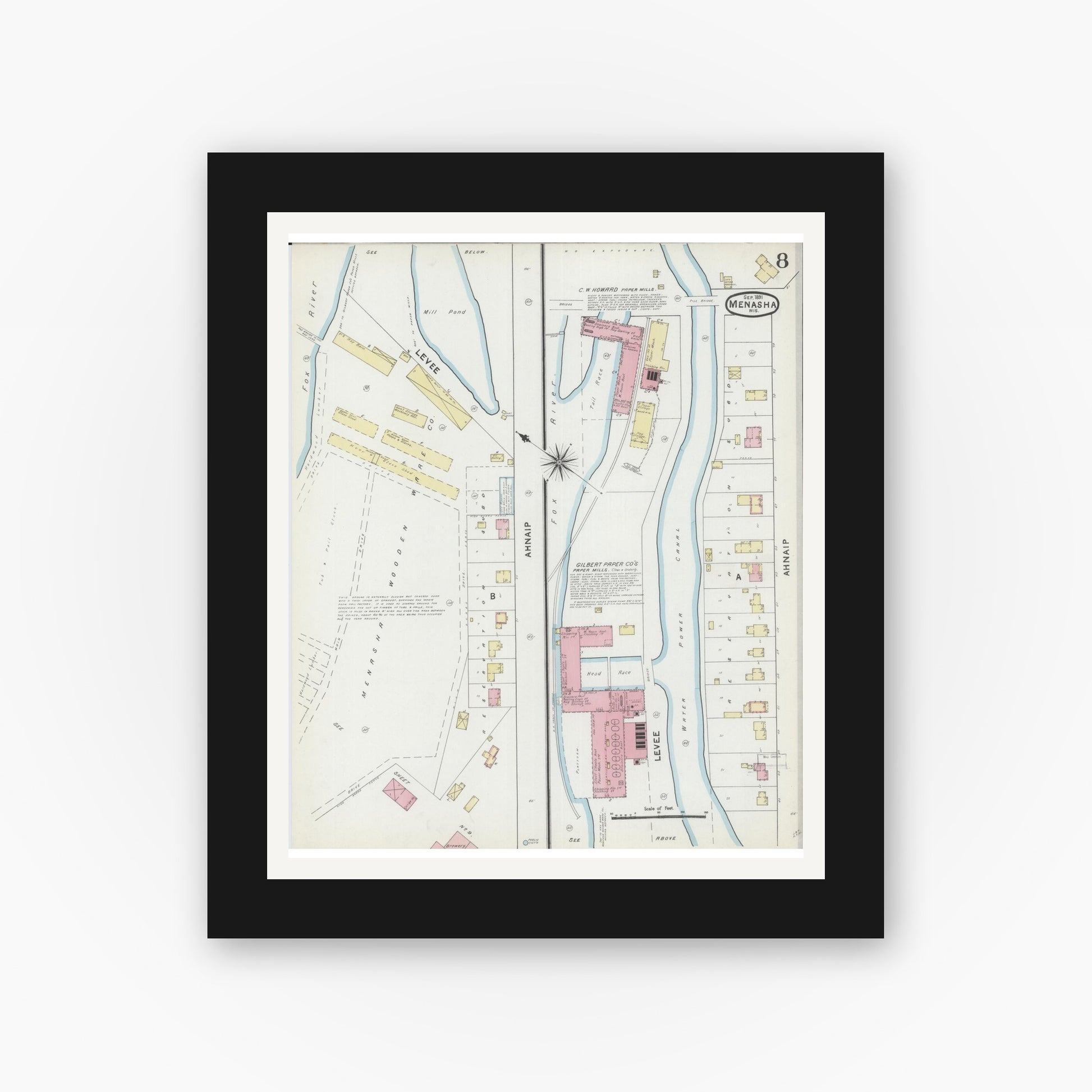 Old map wall art mockup — black gallery frame with white mat — Sanborn Fire Insurance Map from Menasha, Winnebago County, Wisconsin (1891), Sheet #0008