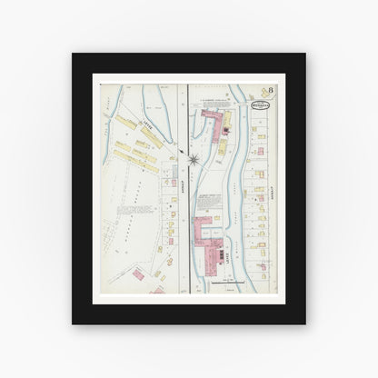 Old map wall art mockup — black gallery frame with white mat — Sanborn Fire Insurance Map from Menasha, Winnebago County, Wisconsin (1891), Sheet #0008