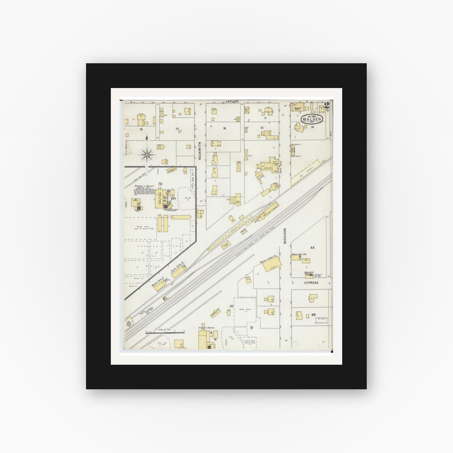 Old map wall art mockup — black gallery frame with white mat — Sanborn Fire Insurance Map from Malden, Dunklin County, Missouri (1895), Sheet #0002