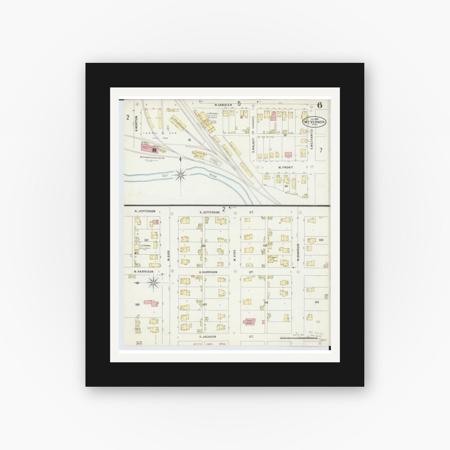 Old map wall art mockup — black gallery frame with white mat — Sanborn Fire Insurance Map from Mount Vernon, Knox County, Ohio (1897), Sheet #0006
