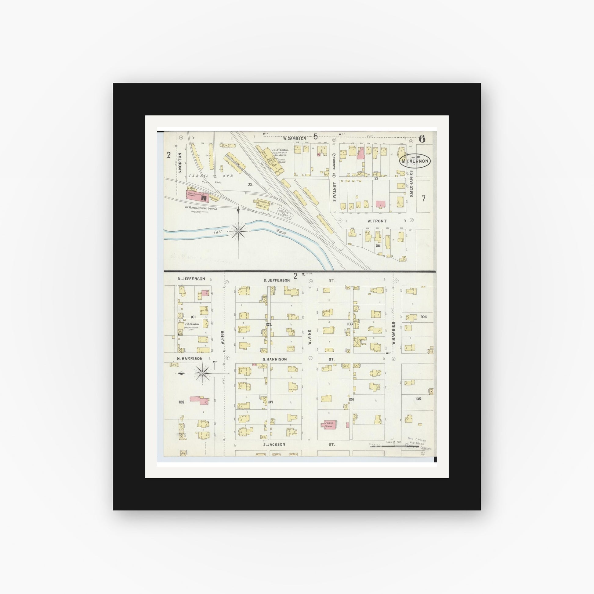 Old map wall art mockup — black gallery frame with white mat — Sanborn Fire Insurance Map from Mount Vernon, Knox County, Ohio (1897), Sheet #0006