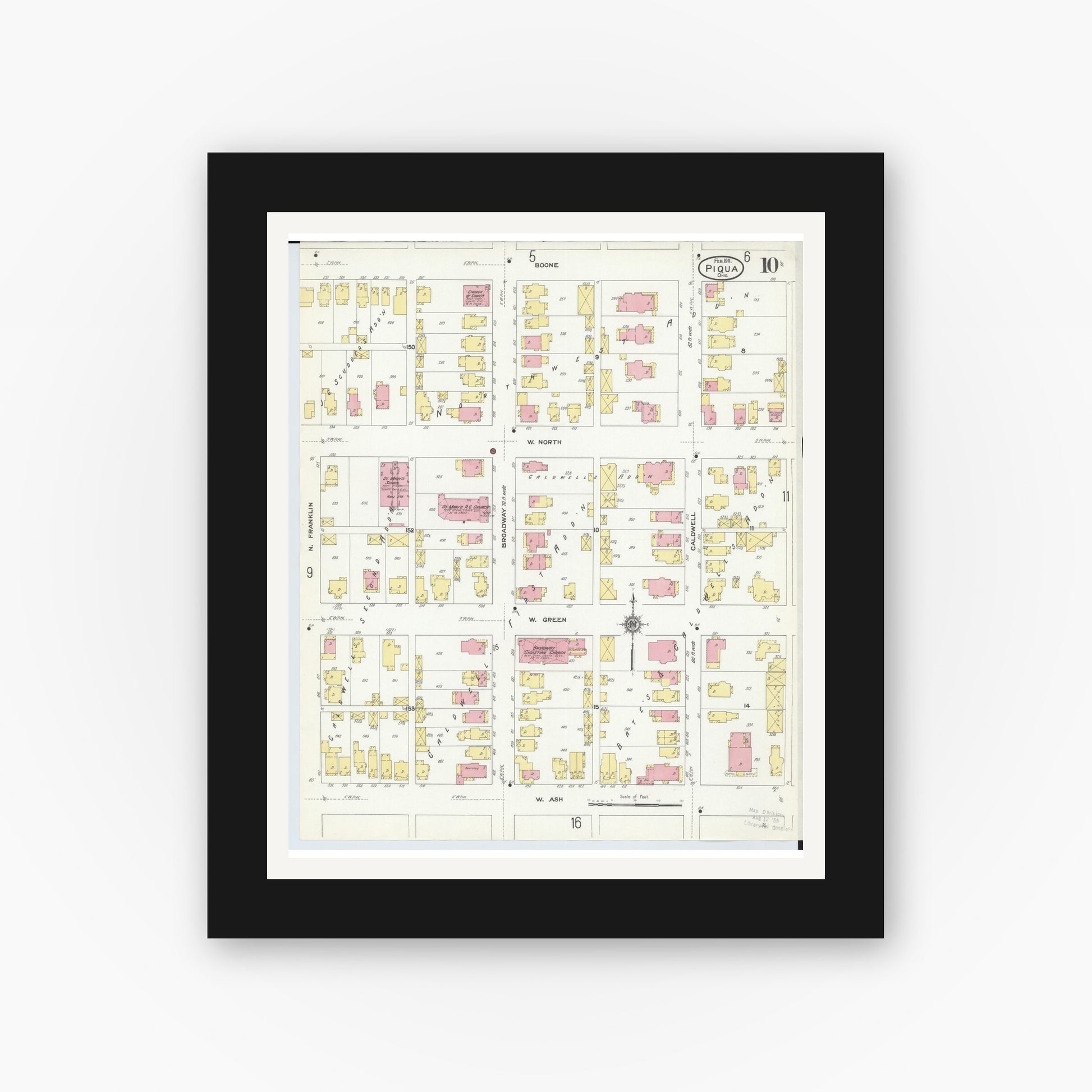 Old map wall art mockup — black gallery frame with white mat — Sanborn Fire Insurance Map from Piqua, Miami County, Ohio (1911), Sheet #0010