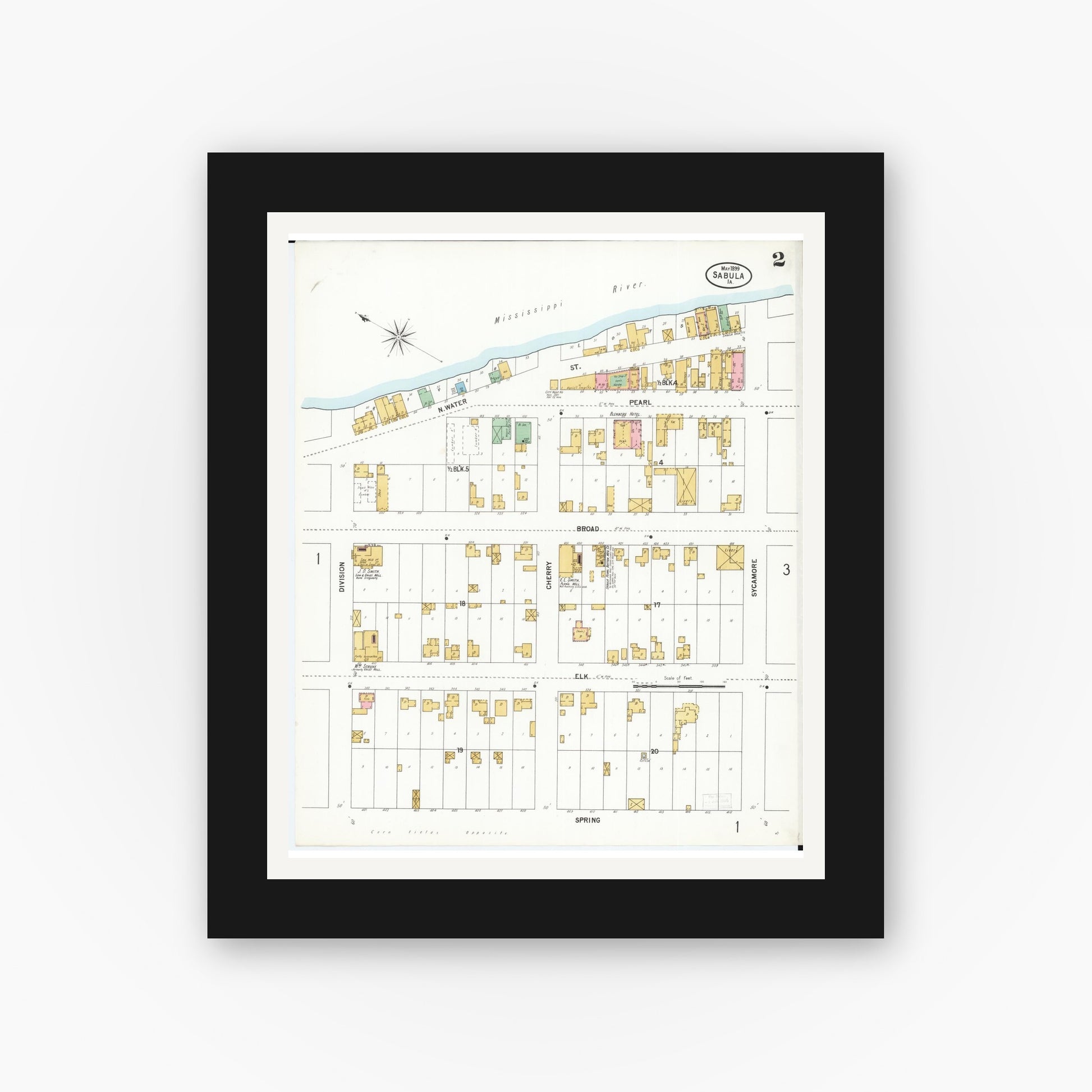Old map wall art mockup — black gallery frame with white mat — Sanborn Fire Insurance Map from Sabula, Jackson County, Iowa (1899), Sheet #0002