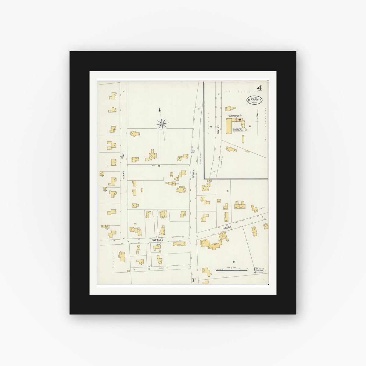Old map wall art mockup — black gallery frame with white mat — Sanborn Fire Insurance Map from Medfield, Norfolk County, Massachusetts (1903), Sheet #0004