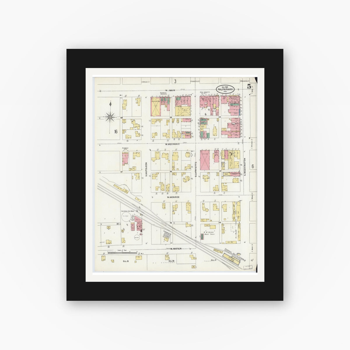 Old map wall art mockup — black gallery frame with white mat — Sanborn Fire Insurance Map from Valparaiso, Porter County, Indiana (1905), Sheet #0005