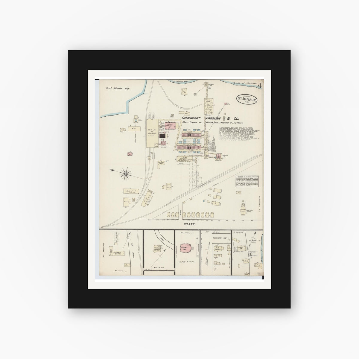 Old map wall art mockup — black gallery frame with white mat — Sanborn Fire Insurance Map from Saint Ignace, Mackinac County, Michigan (1884), Sheet #0004