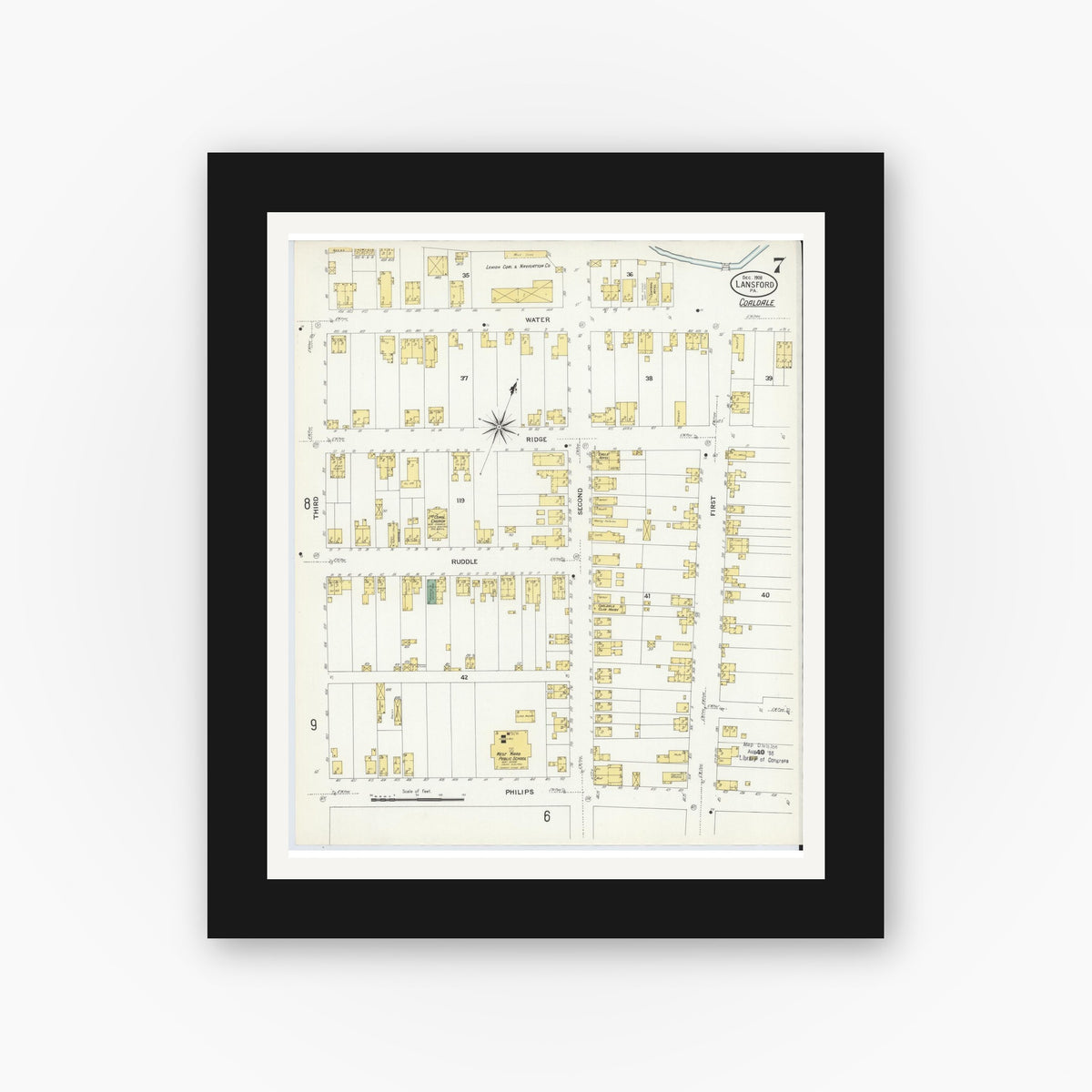 Old map wall art mockup — black gallery frame with white mat — Sanborn Fire Insurance Map from Lansford, Carbon County, Pennsylvania (1908), Sheet #0007