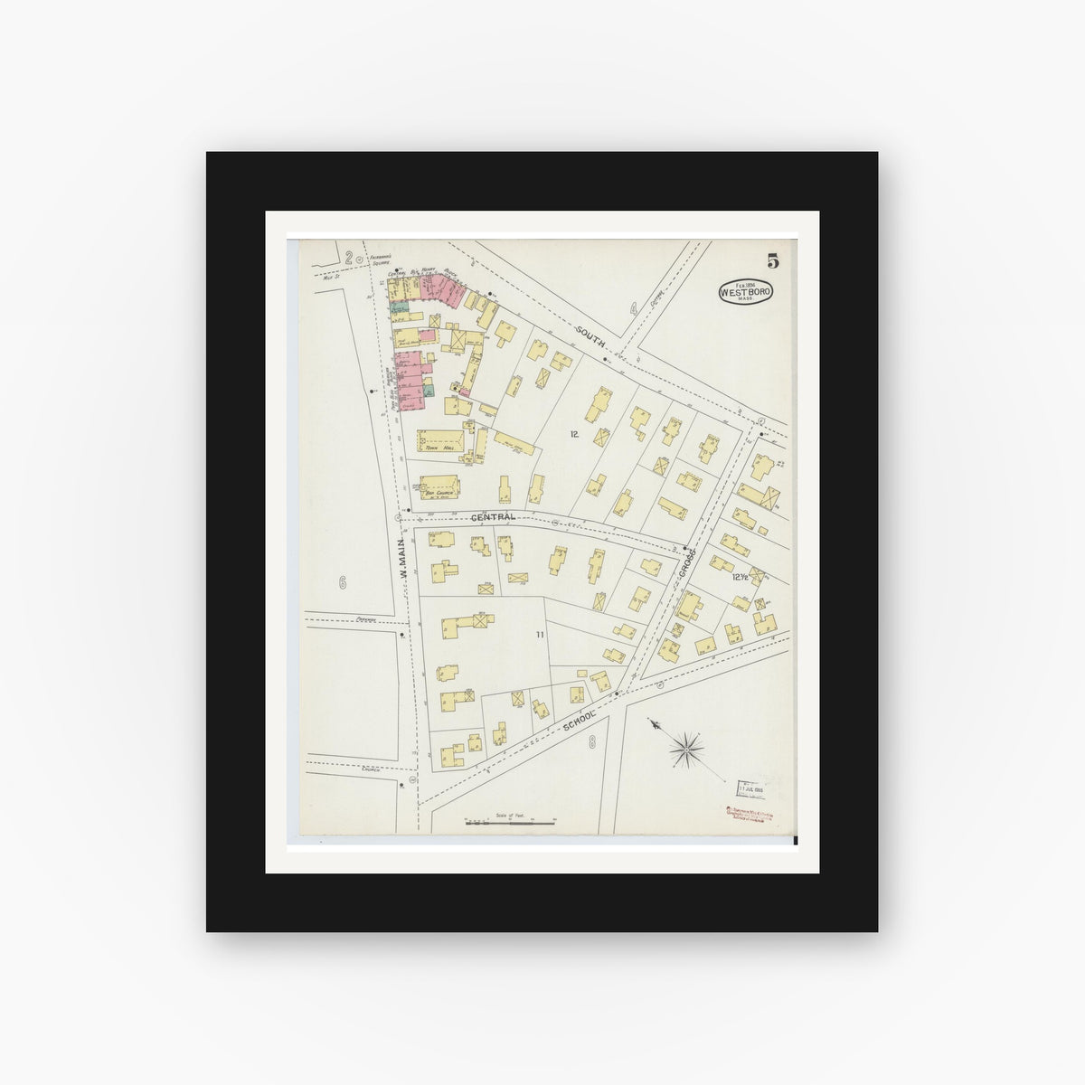 Old map wall art mockup — black gallery frame with white mat — Sanborn Fire Insurance Map from Westboro, Worcester County, Massachusetts (1894), Sheet #0005