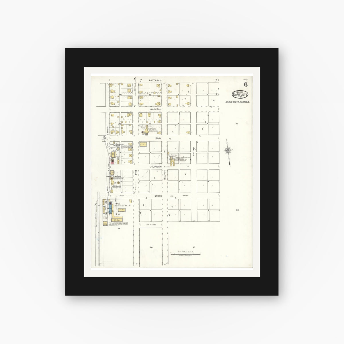 Old map wall art mockup — black gallery frame with white mat — Sanborn Fire Insurance Map from Bartlett, Bell and Williamson Counties, Texas (1921), Sheet #0006