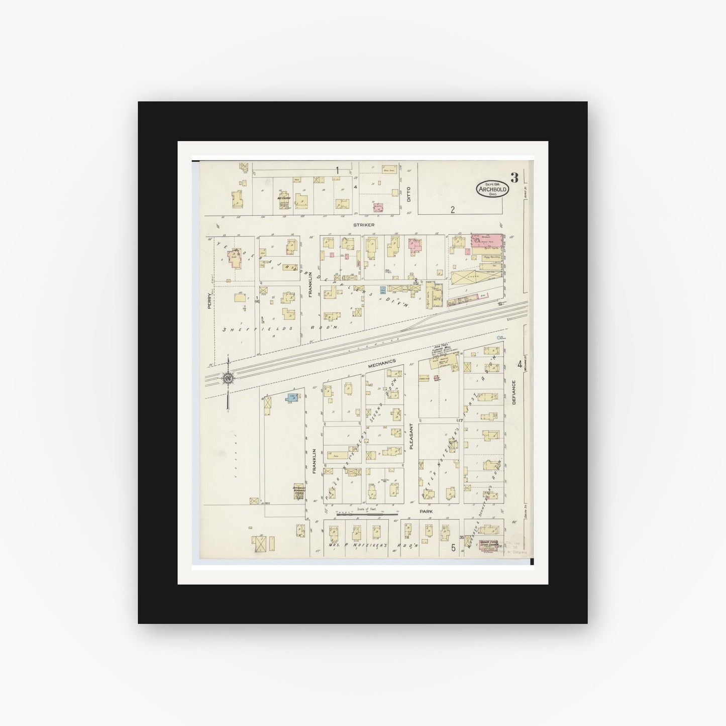 Old map wall art mockup — black gallery frame with white mat — Sanborn Fire Insurance Map from Archbold, Fulton County, Ohio (1914), Sheet #0003