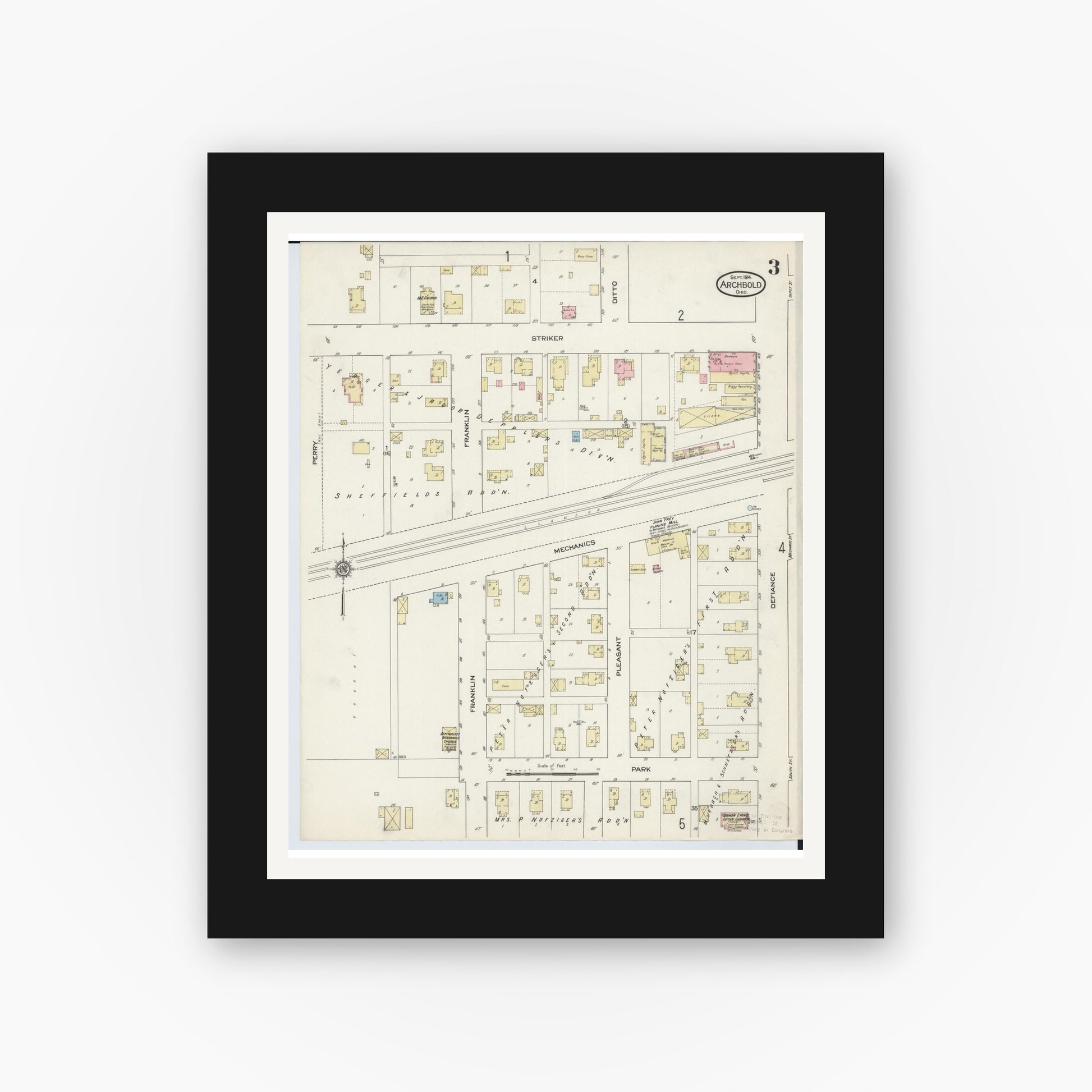 Old map wall art mockup — black gallery frame with white mat — Sanborn Fire Insurance Map from Archbold, Fulton County, Ohio (1914), Sheet #0003