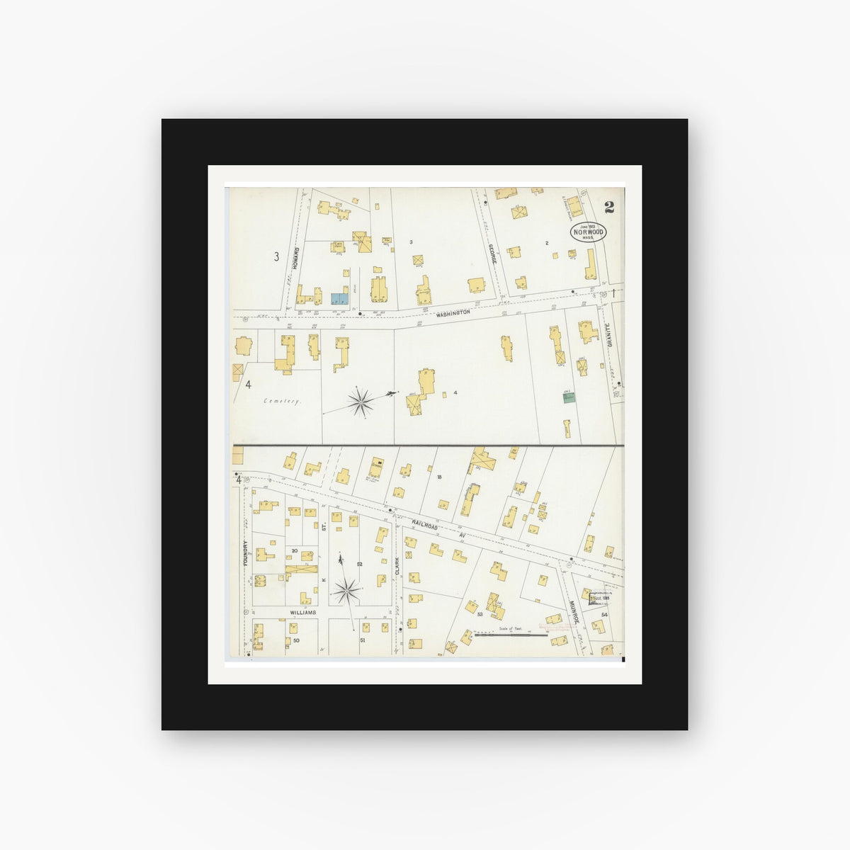 Old map wall art mockup — black gallery frame with white mat — Sanborn Fire Insurance Map from Norwood, Norfolk County, Massachusetts (1903), Sheet #0002