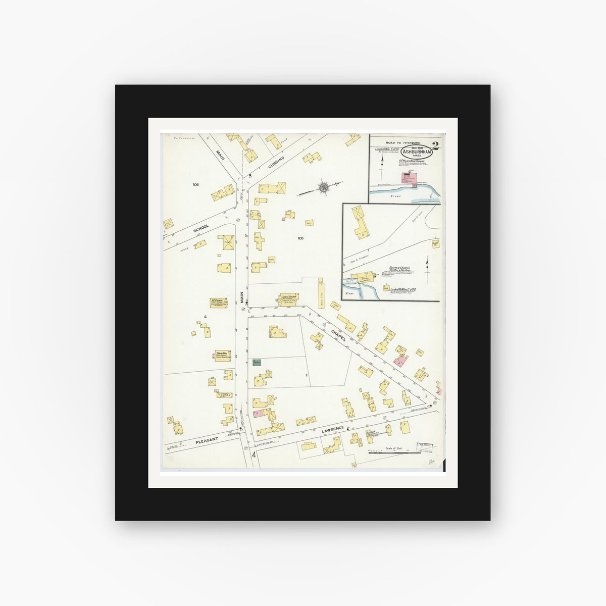 Old map wall art mockup — black gallery frame with white mat — Sanborn Fire Insurance Map from Ashburnham, Worcester County, Massachusetts (1909), Sheet #0002