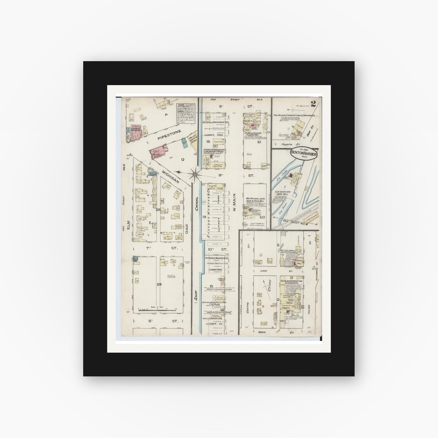 Old map wall art mockup — black gallery frame with white mat — Sanborn Fire Insurance Map from Benton Harbor, Berrien County, Michigan (1884), Sheet #0002