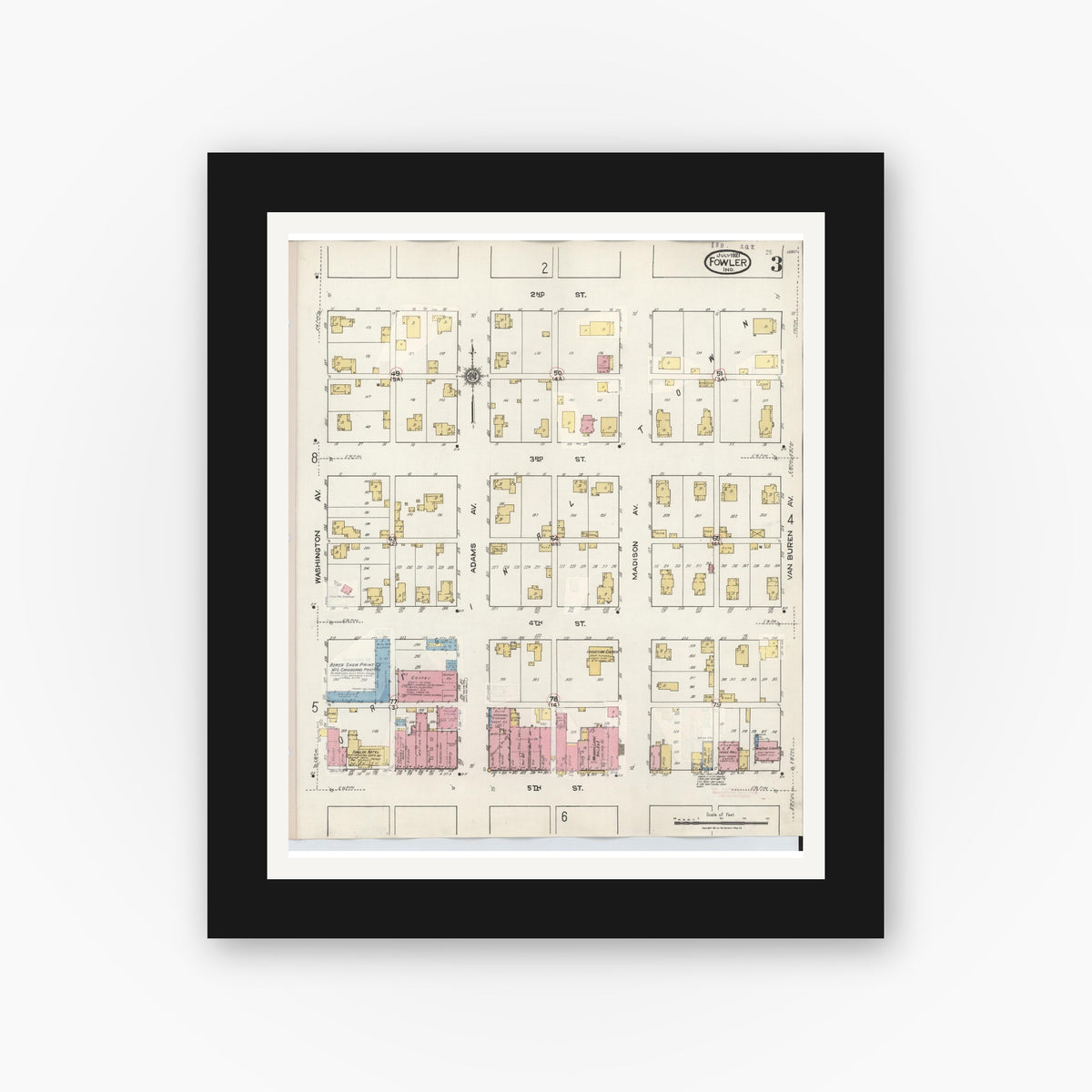 Old map wall art mockup — black gallery frame with white mat — Sanborn Fire Insurance Map from Fowler, Benton County, Indiana (1932), Sheet #0003