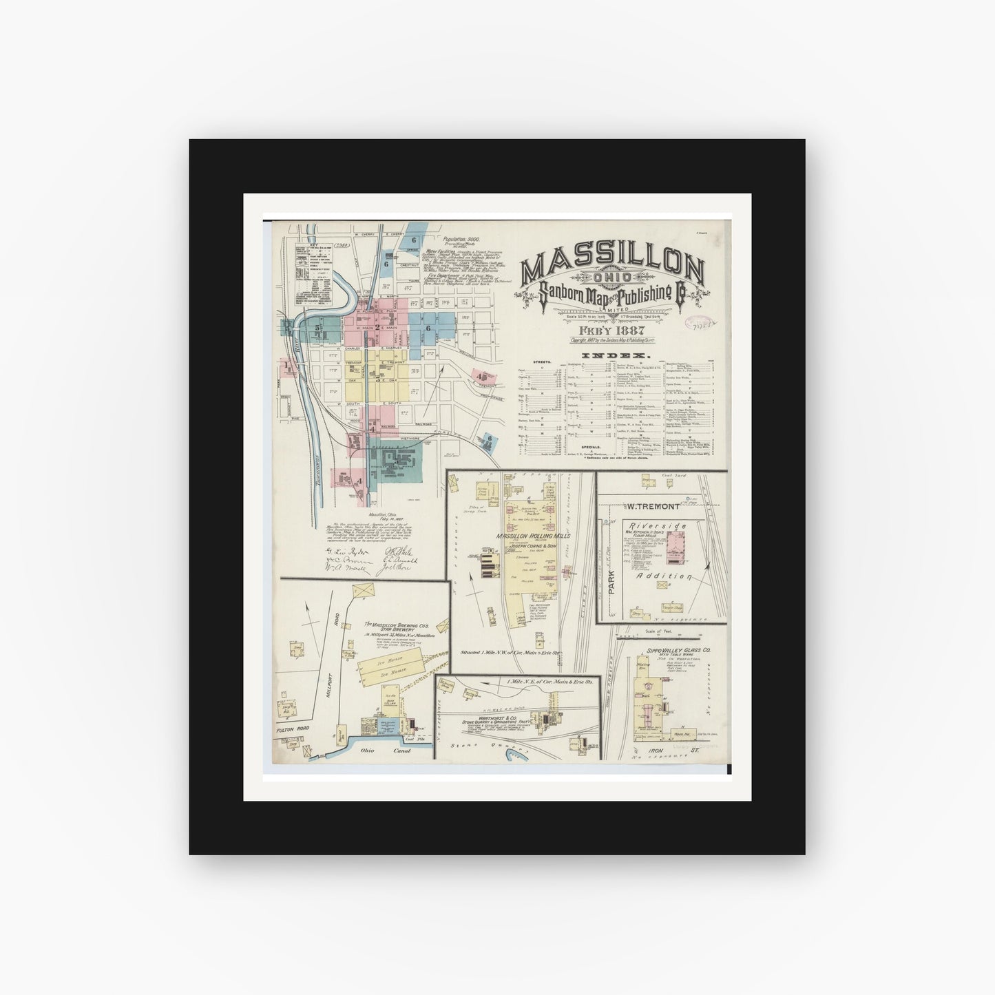 Old map wall art mockup — black gallery frame with white mat — Sanborn Fire Insurance Map from Massillon, Stark County, Ohio (1887) - Complete Map Set