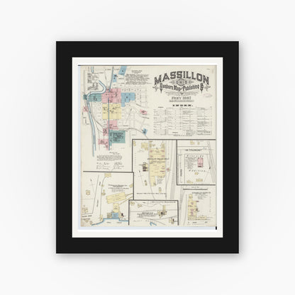 Old map wall art mockup — black gallery frame with white mat — Sanborn Fire Insurance Map from Massillon, Stark County, Ohio (1887) - Complete Map Set