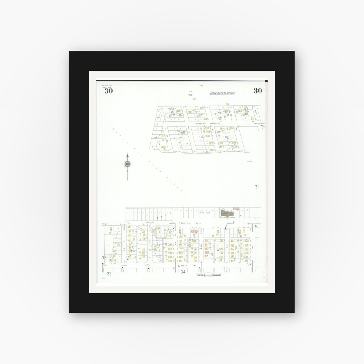 Old map wall art mockup — black gallery frame with white mat — Sanborn Fire Insurance Map from Beloit, Rock County, Wisconsin (1939), Sheet #0030