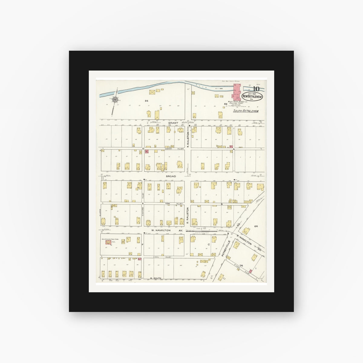 Old map wall art mockup — black gallery frame with white mat — Sanborn Fire Insurance Map from New Bethlehem, Clarion County, Pennsylvania (1921), Sheet #0010