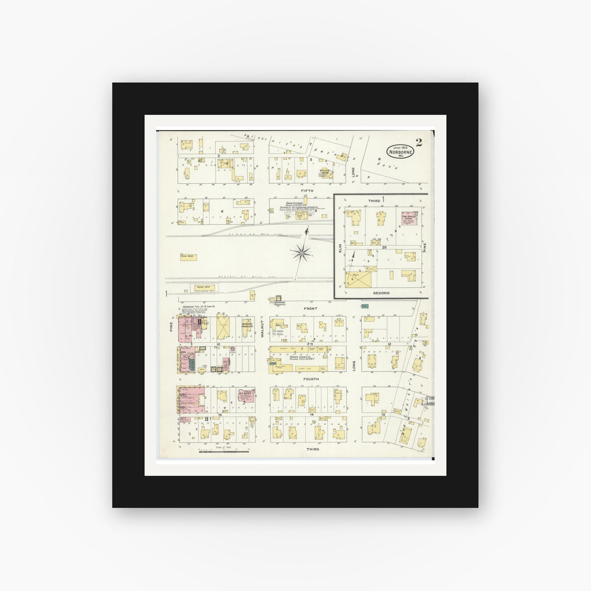 Old map wall art mockup — black gallery frame with white mat — Sanborn Fire Insurance Map from Norborne, Carroll County, Missouri (1909), Sheet #0002