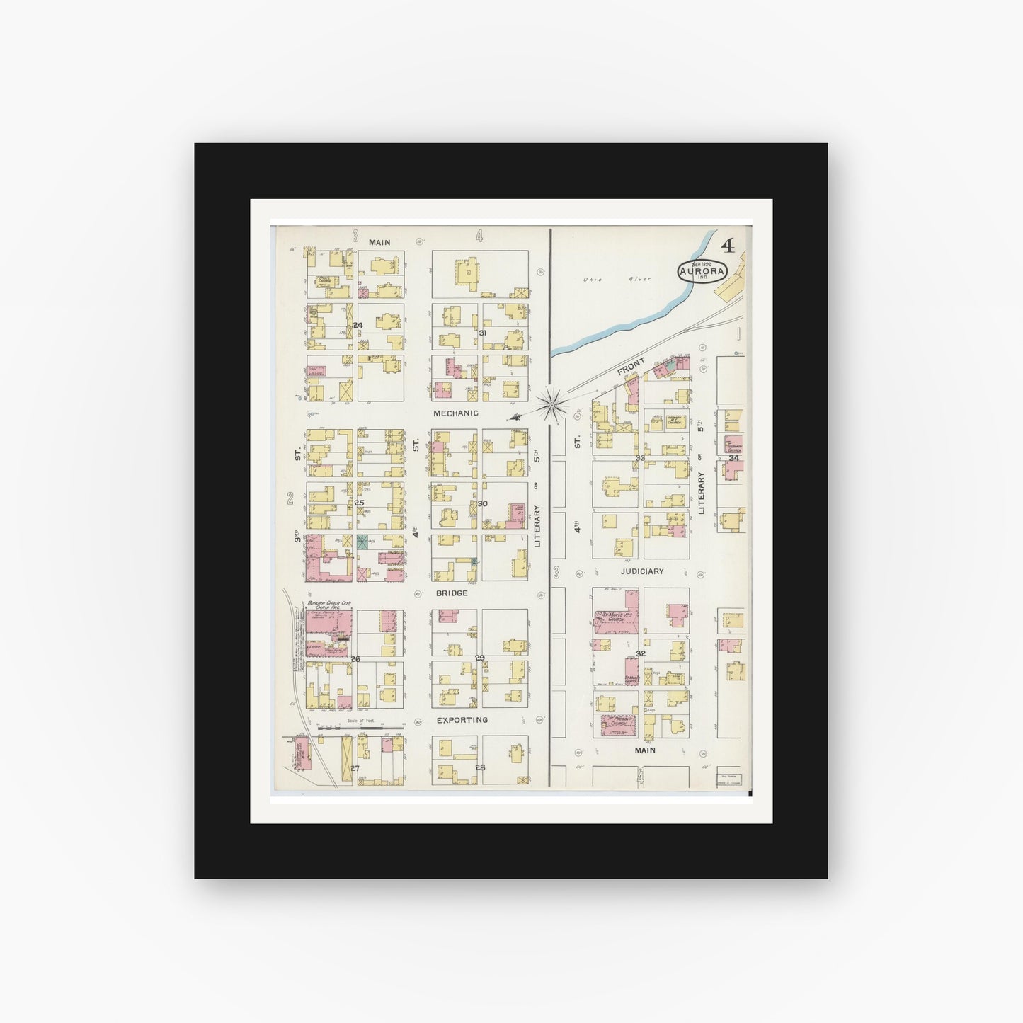 Old map wall art mockup — black gallery frame with white mat — Sanborn Fire Insurance Map from Aurora, Dearborn County, Indiana (1892), Sheet #0004
