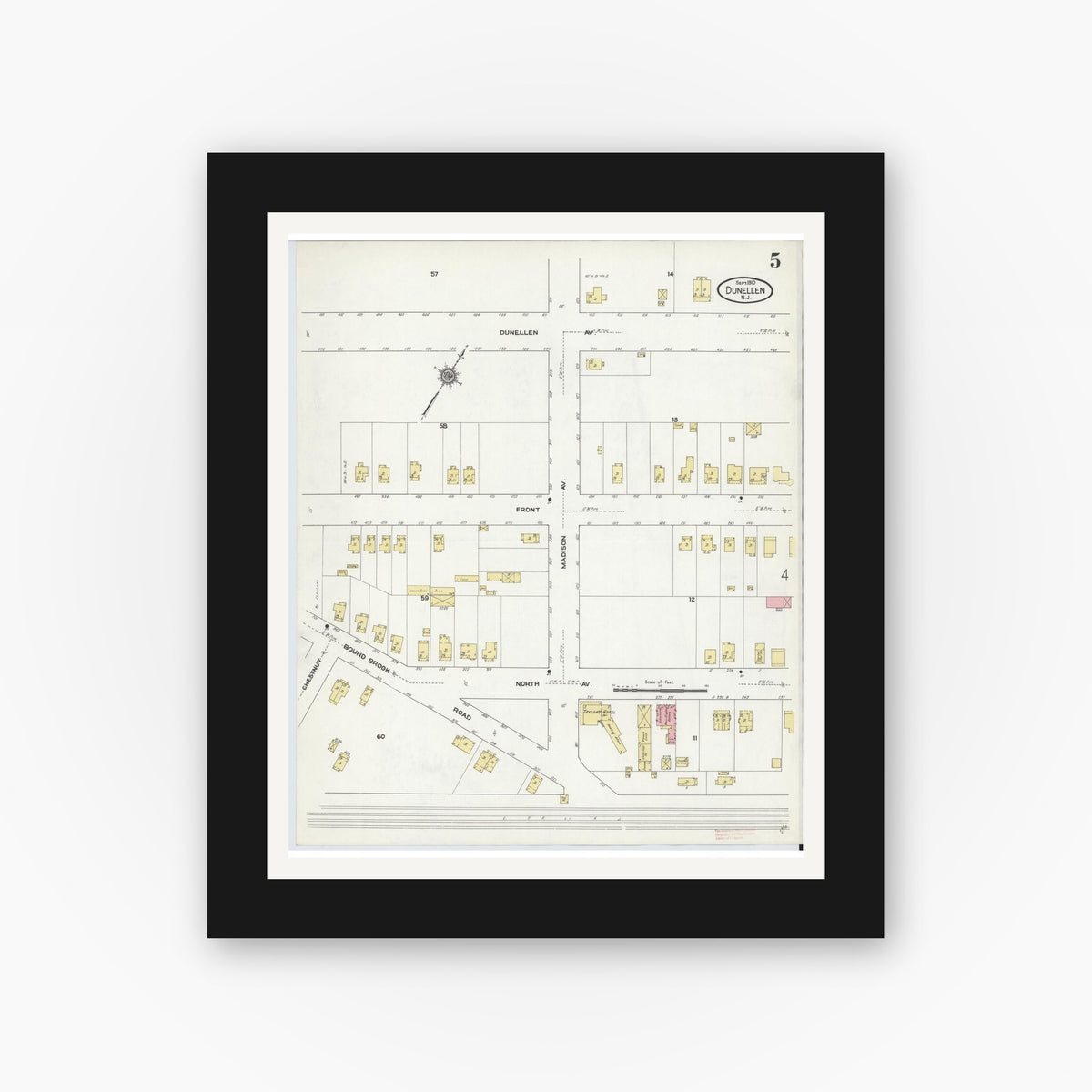Old map wall art mockup — black gallery frame with white mat — Sanborn Fire Insurance Map from Dunellen, Middlesex County, New Jersey (1910), Sheet #0005