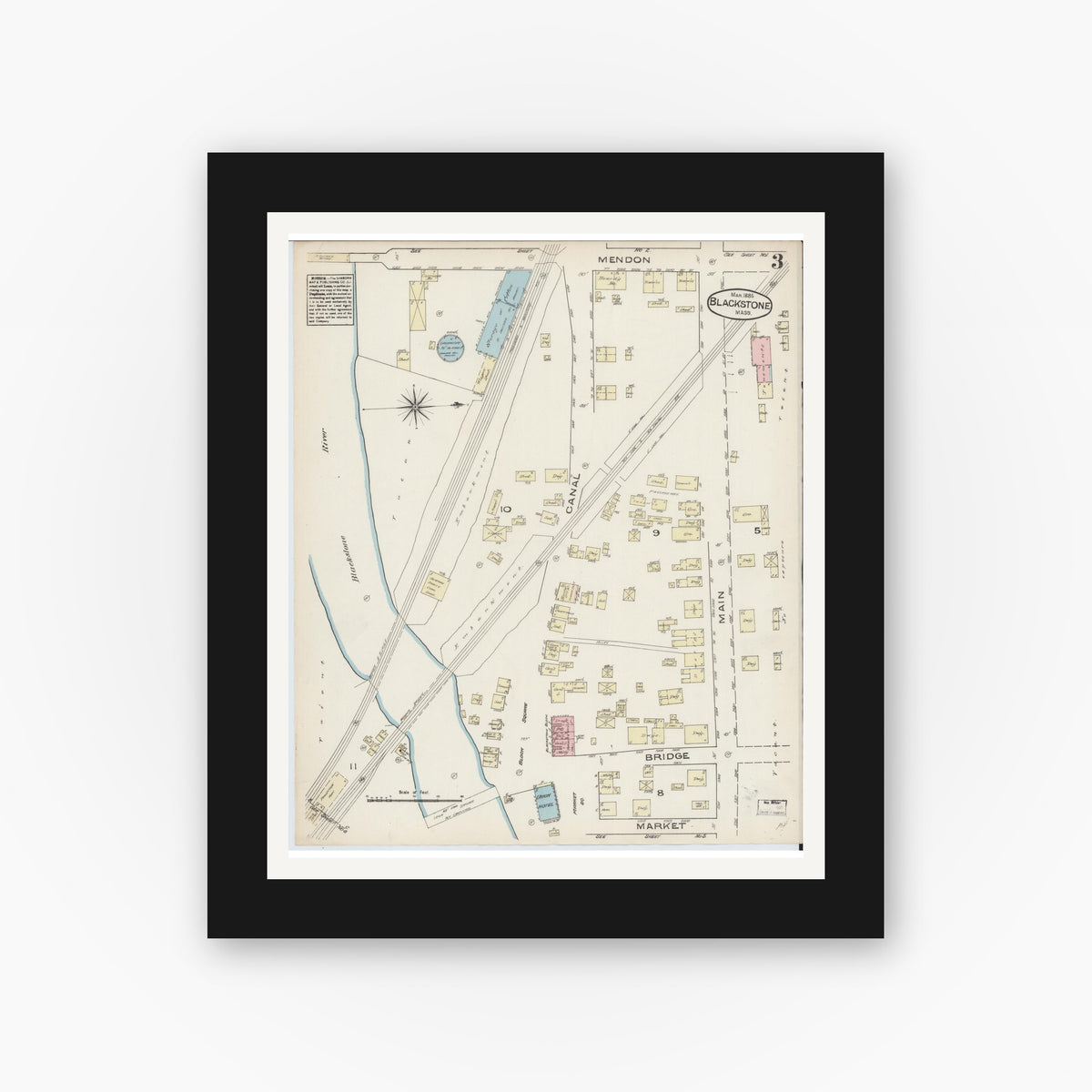 Old map wall art mockup — black gallery frame with white mat — Sanborn Fire Insurance Map from Blackstone, Worcester County, Massachusetts (1885), Sheet #0003