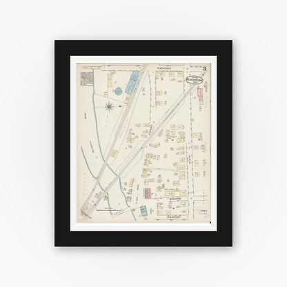 Old map wall art mockup — black gallery frame with white mat — Sanborn Fire Insurance Map from Blackstone, Worcester County, Massachusetts (1885), Sheet #0003