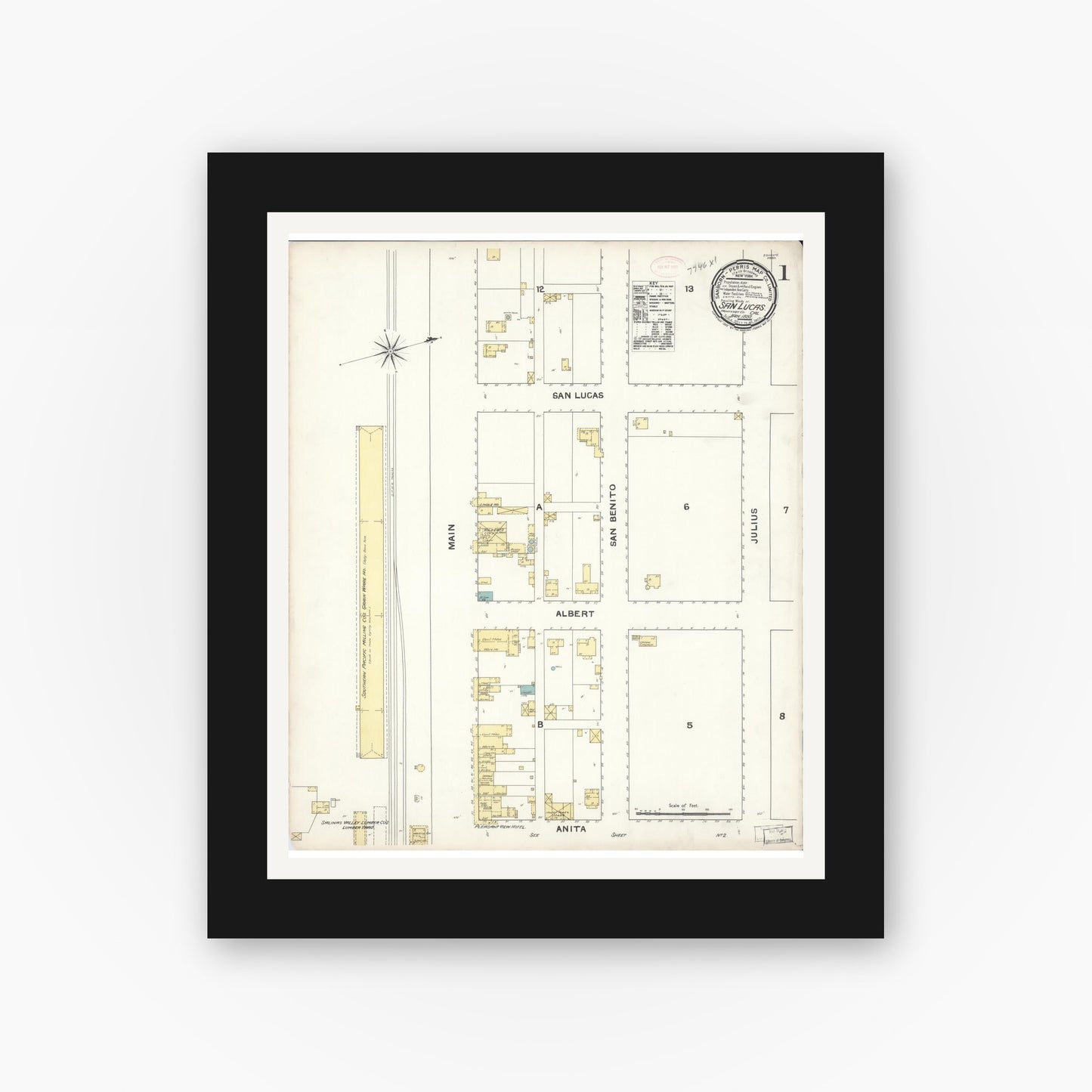 Old map wall art mockup — black gallery frame with white mat — Sanborn Fire Insurance Map from San Lucas, Monterey County, California (1892) - Complete Map Set