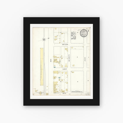 Old map wall art mockup — black gallery frame with white mat — Sanborn Fire Insurance Map from San Lucas, Monterey County, California (1892) - Complete Map Set