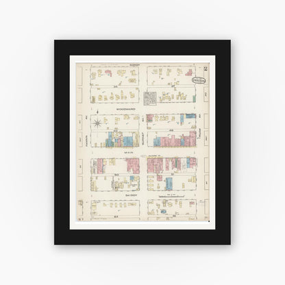 Old map wall art mockup — black gallery frame with white mat — Sanborn Fire Insurance Map from Denison, Grayson County, Texas (1885), Sheet #0002
