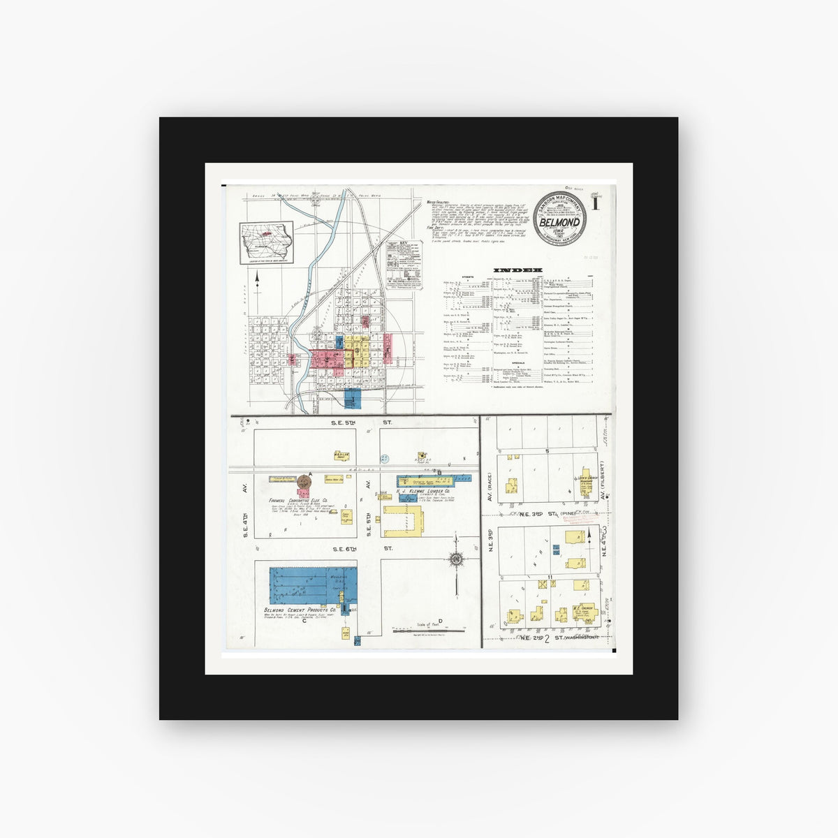 Old map wall art mockup — black gallery frame with white mat — Sanborn Fire Insurance Map from Belmond, Wright County, Iowa (1921) â€” Complete Set