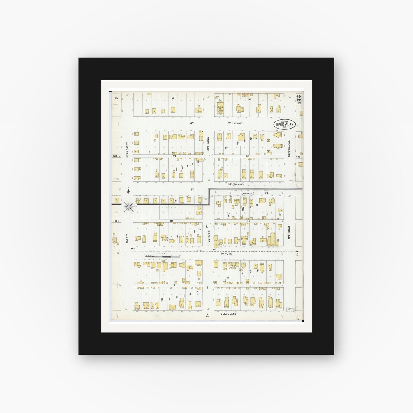 Old map wall art mockup — black gallery frame with white mat — Sanborn Fire Insurance Map from Spring Valley, Bureau County, Illinois (1899), Sheet #0002