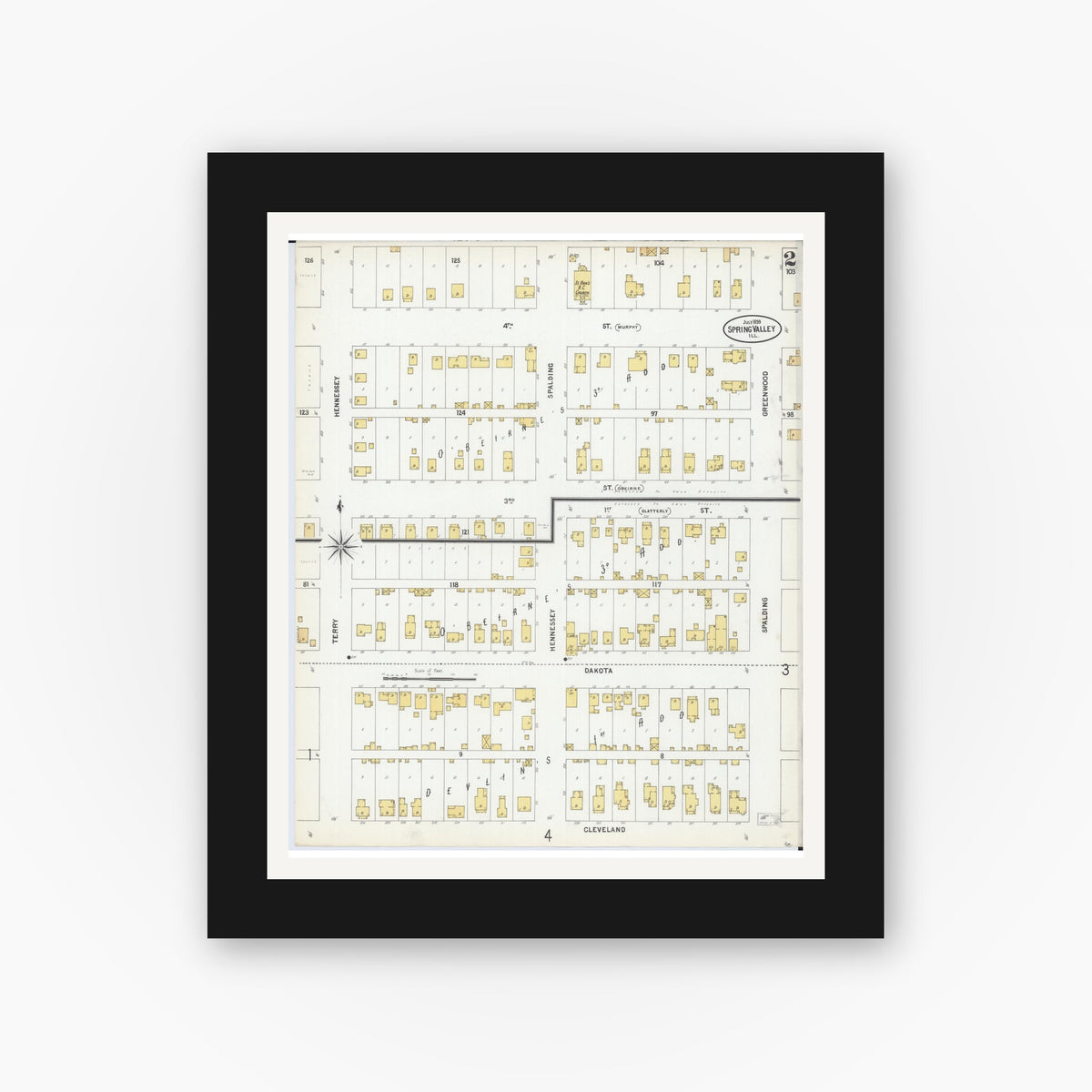 Old map wall art mockup — black gallery frame with white mat — Sanborn Fire Insurance Map from Spring Valley, Bureau County, Illinois (1899), Sheet #0002